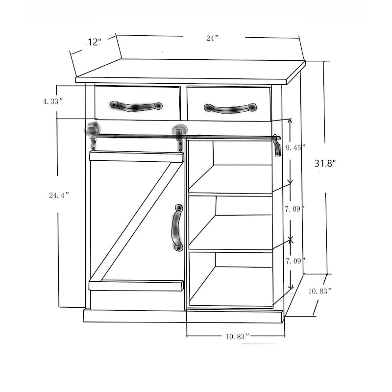 Armadietto contenitore rustico marrone con anta scorrevole a fienile - 31,8 A x 24 L x 12 P