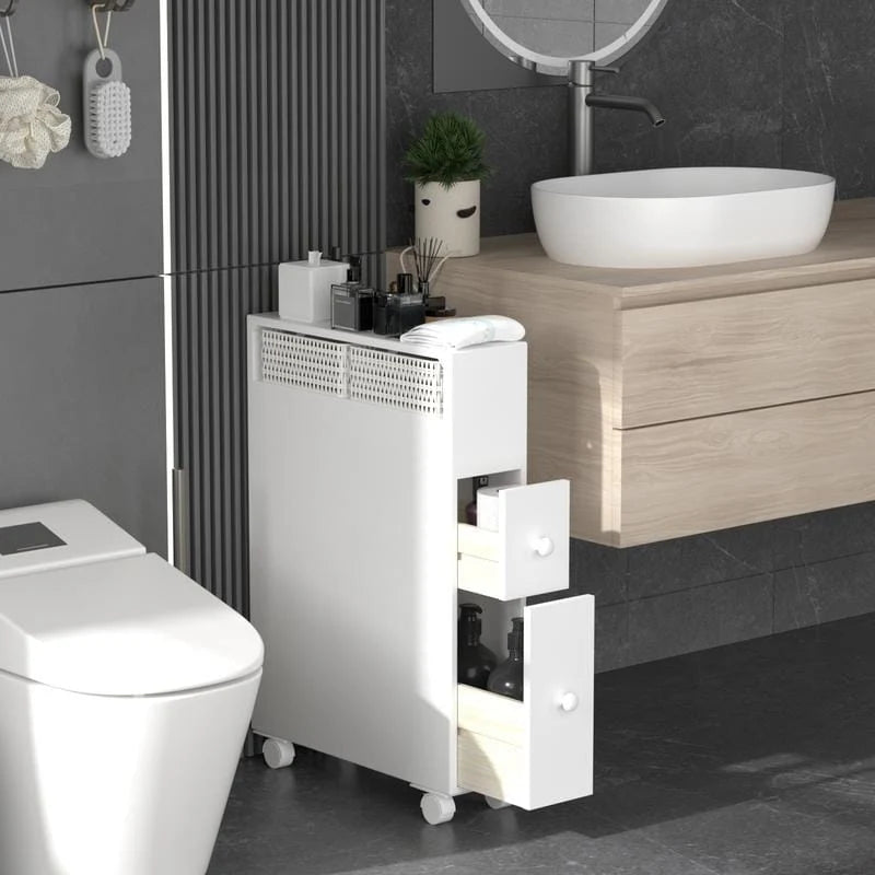 Mobiletto portaoggetti in legno indipendente con cesto portaoggetti per bagno stretto