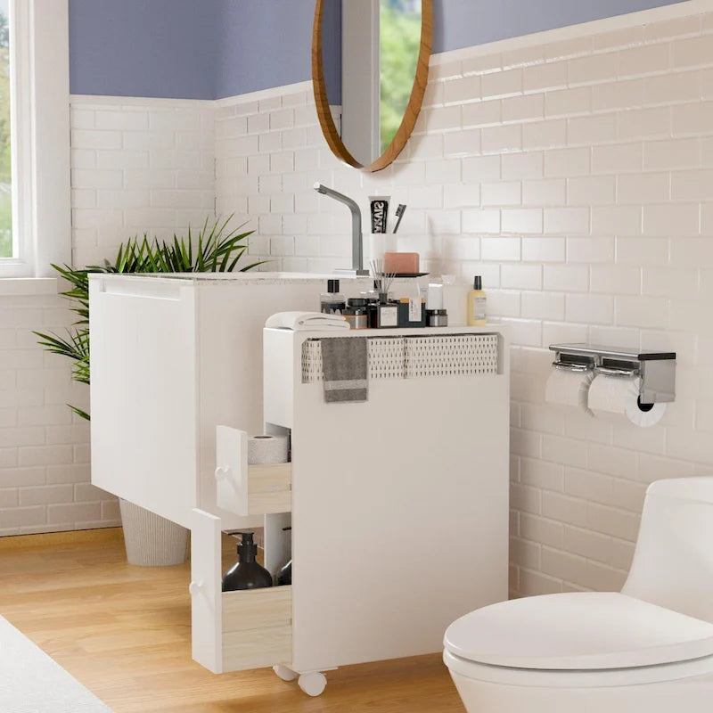 Mobiletto portaoggetti in legno indipendente con cesto portaoggetti per bagno stretto