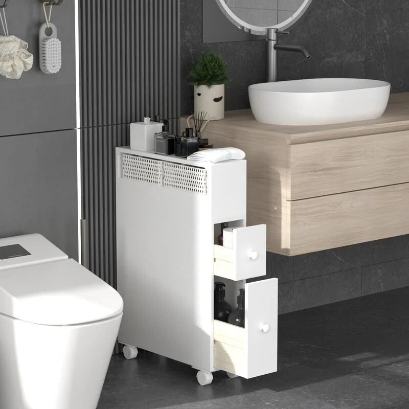 Mobiletto portaoggetti in legno indipendente con cesto portaoggetti per bagno stretto