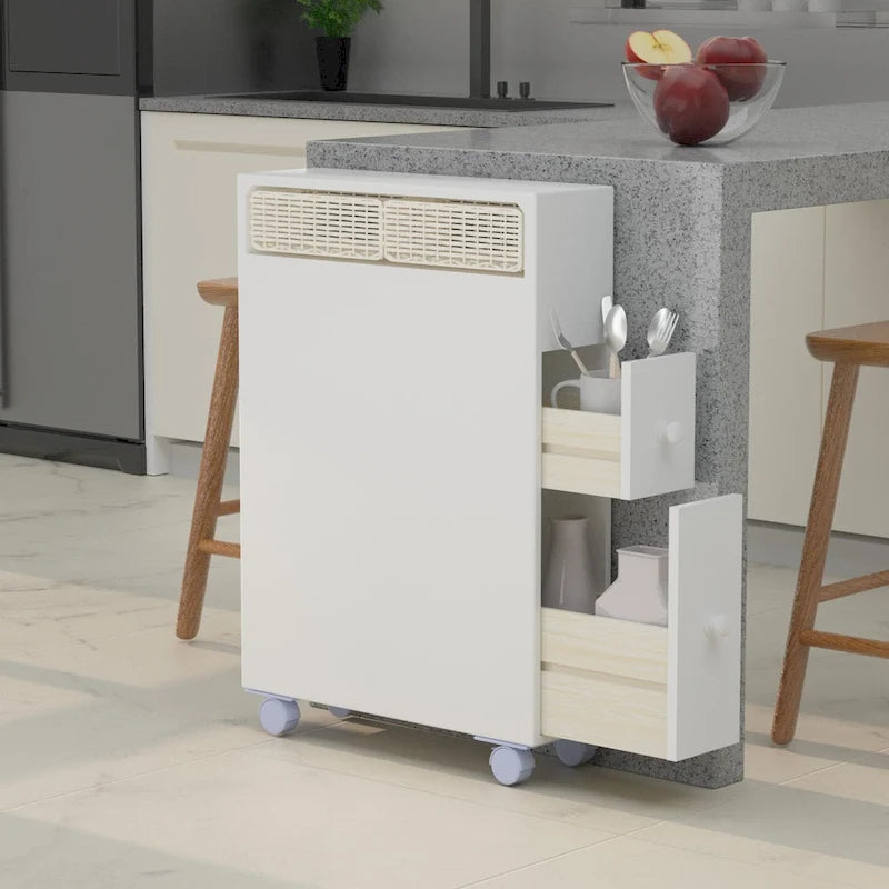 Mobiletto portaoggetti in legno indipendente con cesto portaoggetti per bagno stretto