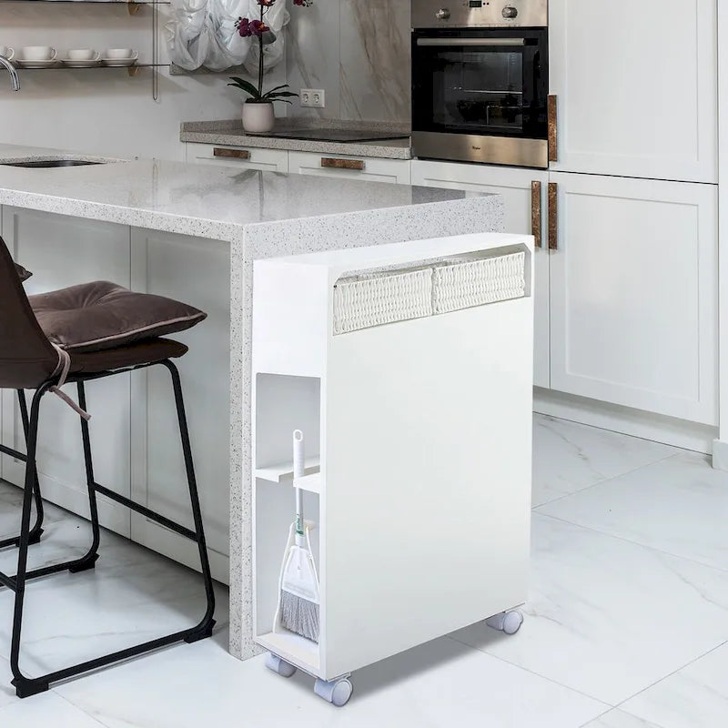 Mobiletto portaoggetti in legno indipendente con cesto portaoggetti per bagno stretto