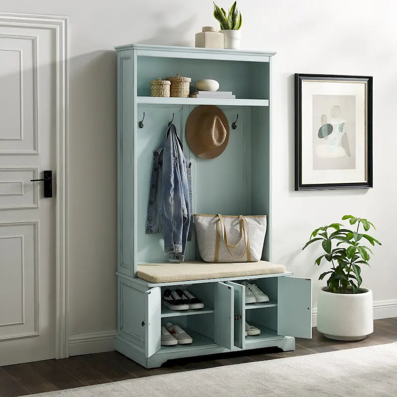 Albero da ingresso con panca, ganci e armadietti, colore blu mare / bianco anticato – 1 Persona