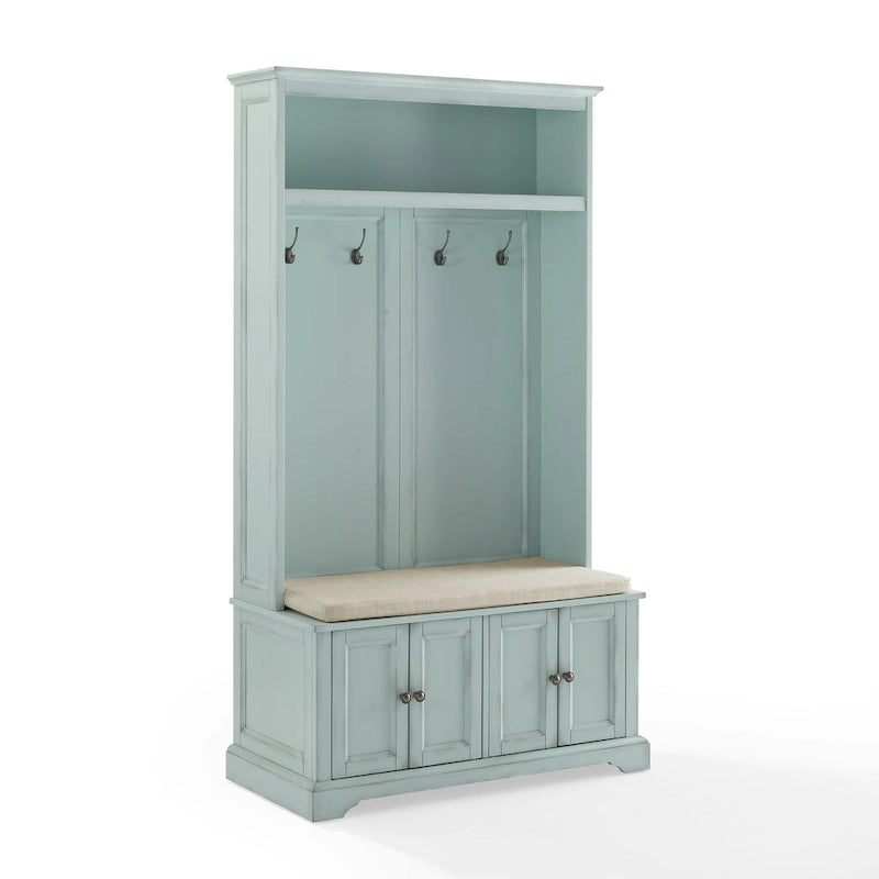 Albero da ingresso con panca, ganci e armadietti, colore blu mare / bianco anticato – 1 Persona