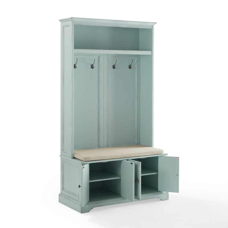 Albero da ingresso con panca, ganci e armadietti, colore blu mare / bianco anticato – 1 Persona