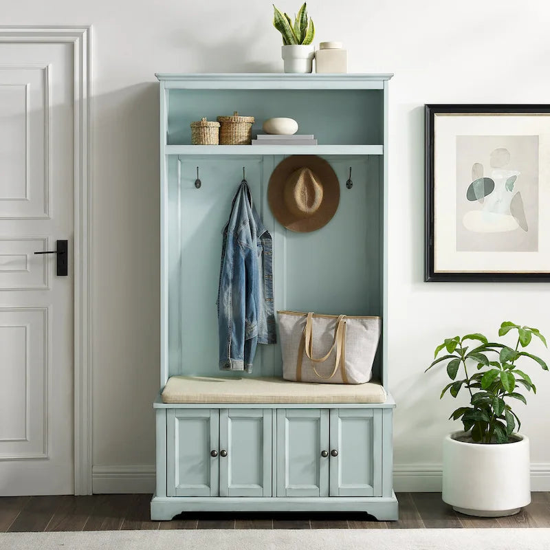 Albero da ingresso con panca, ganci e armadietti, colore blu mare / bianco anticato – 1 Persona