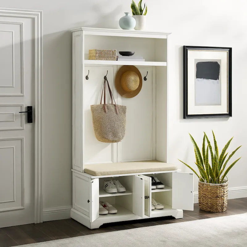 Albero da ingresso con panca, ganci e armadietti, colore blu mare / bianco anticato – 1 Persona