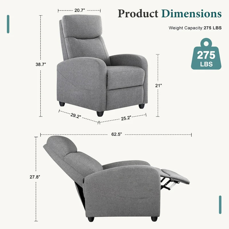 Poltrona Reclinabile Push-Back – Tessuto, Posto Singolo (Nero / Grigio / Rosso / Blu)