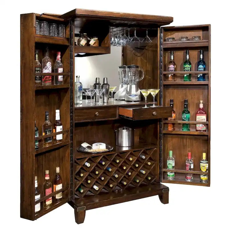 Mobile Bar Rustico in Legno Massello con Portabicchieri e Serratura