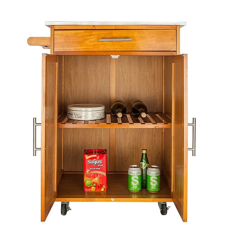 Carrello da cucina in legno di gomma marrone con ripiano in acciaio inossidabile, 1 persona