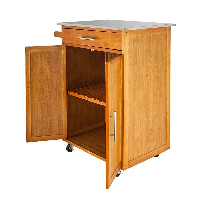 Carrello da cucina in legno di gomma marrone con ripiano in acciaio inossidabile, 1 persona
