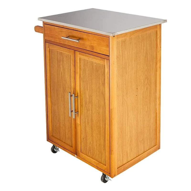 Carrello da cucina in legno di gomma marrone con ripiano in acciaio inossidabile, 1 persona