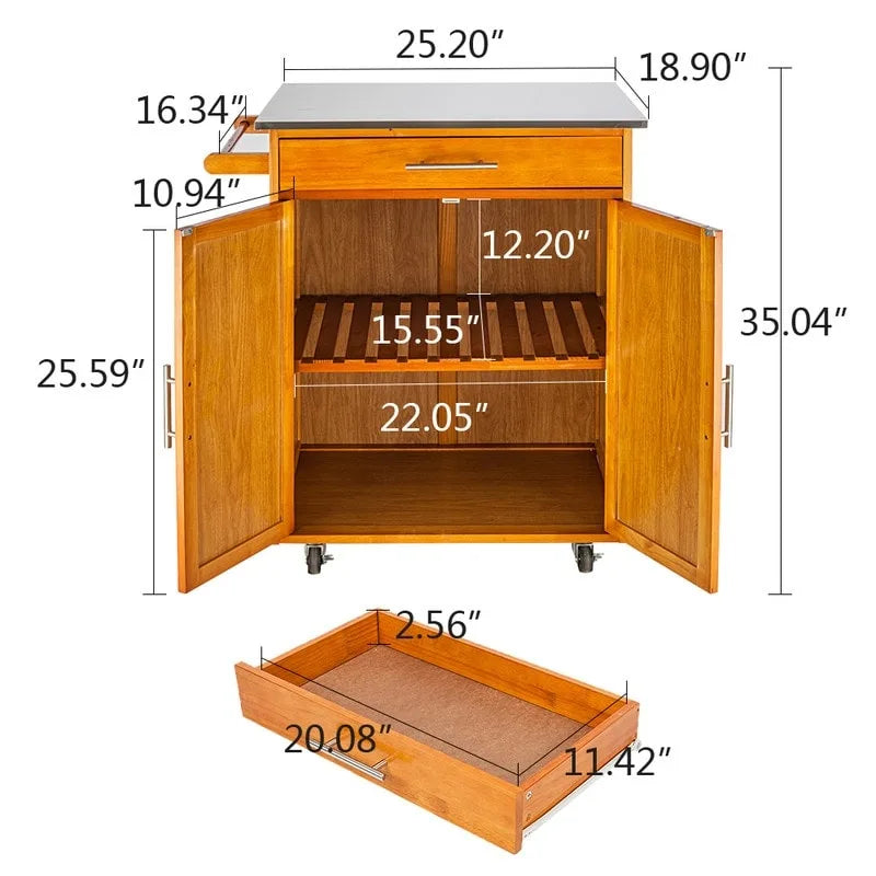 Carrello da cucina in legno di gomma marrone con ripiano in acciaio inossidabile, 1 persona