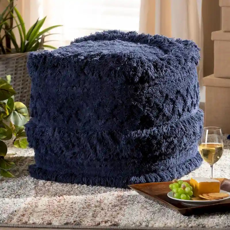 Pouf Ottomano Marocchino Tessuto a Mano in Cotone Felpato con Frange
