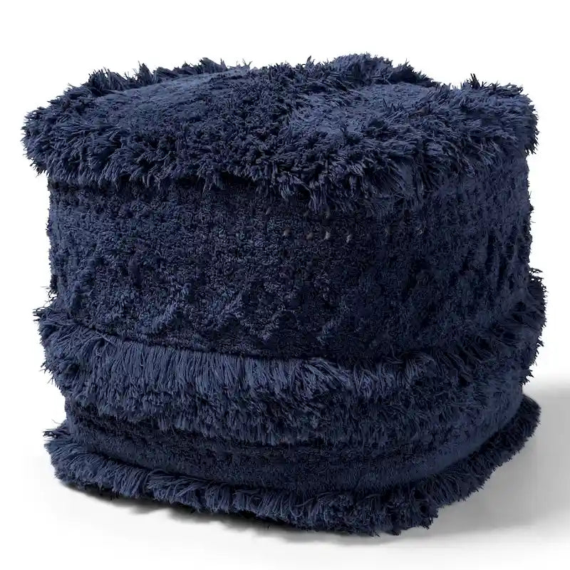 Pouf Ottomano Marocchino Tessuto a Mano in Cotone Felpato con Frange