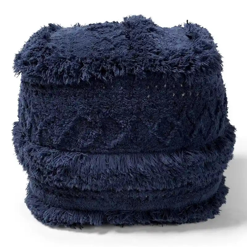 Pouf Ottomano Marocchino Tessuto a Mano in Cotone Felpato con Frange