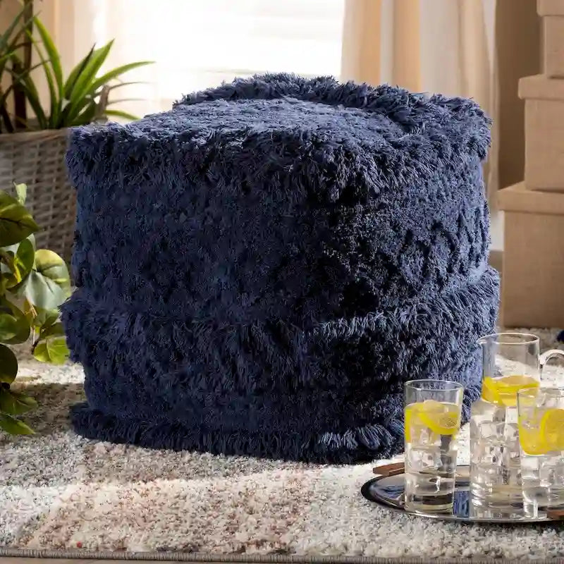 Pouf Ottomano Marocchino Tessuto a Mano in Cotone Felpato con Frange