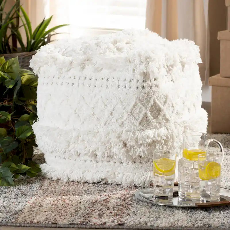 Pouf Ottomano Marocchino Tessuto a Mano in Cotone Felpato con Frange