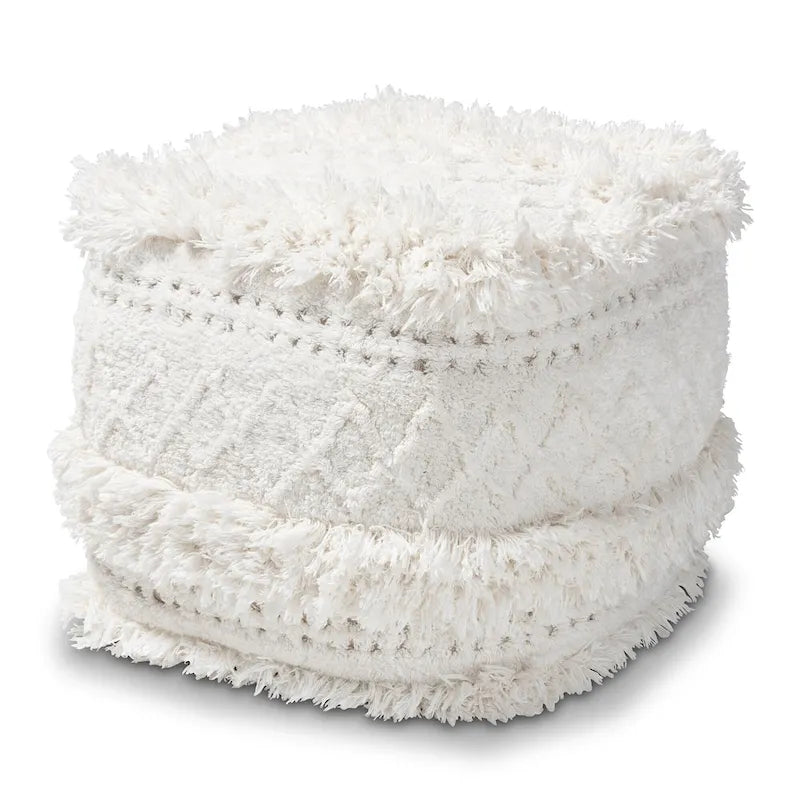Pouf Ottomano Marocchino Tessuto a Mano in Cotone Felpato con Frange