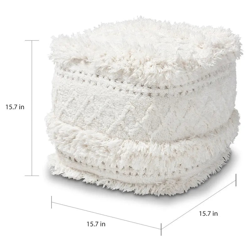 Pouf Ottomano Marocchino Tessuto a Mano in Cotone Felpato con Frange