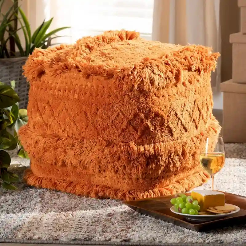 Pouf Ottomano Marocchino Tessuto a Mano in Cotone Felpato con Frange