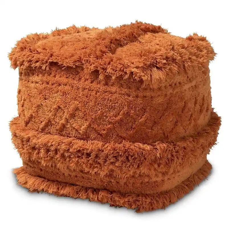 Pouf Ottomano Marocchino Tessuto a Mano in Cotone Felpato con Frange