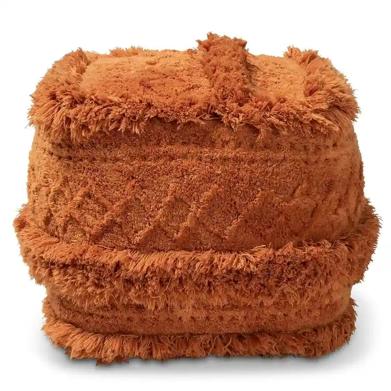 Pouf Ottomano Marocchino Tessuto a Mano in Cotone Felpato con Frange