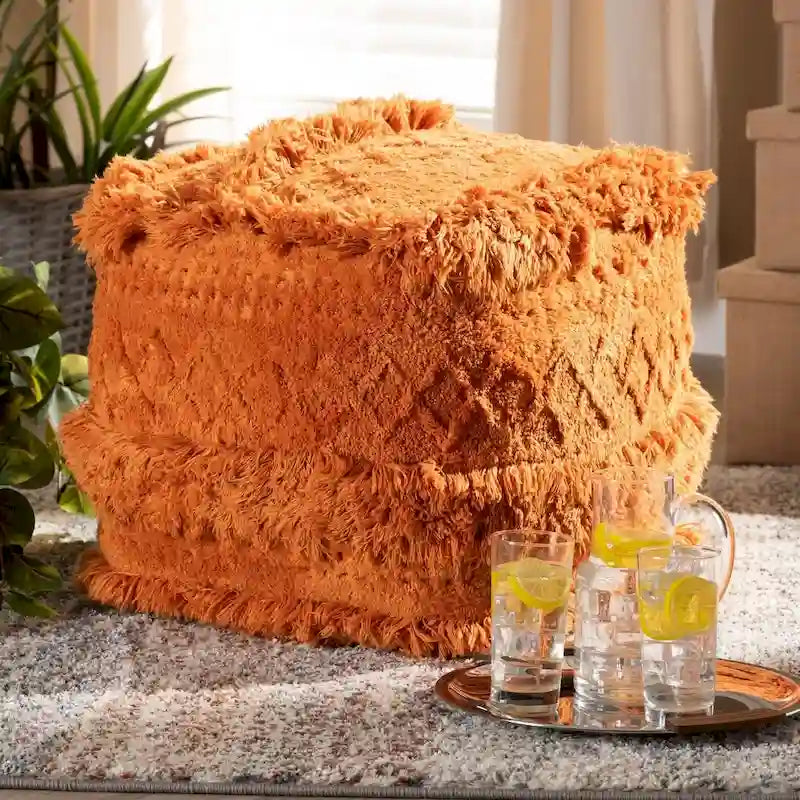 Pouf Ottomano Marocchino Tessuto a Mano in Cotone Felpato con Frange