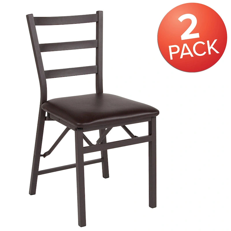 Sedia pieghevole marrone con schienale a pioli, sedile in vinile, set da 2