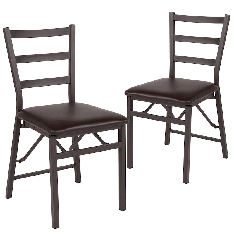 Sedia pieghevole marrone con schienale a pioli, sedile in vinile, set da 2