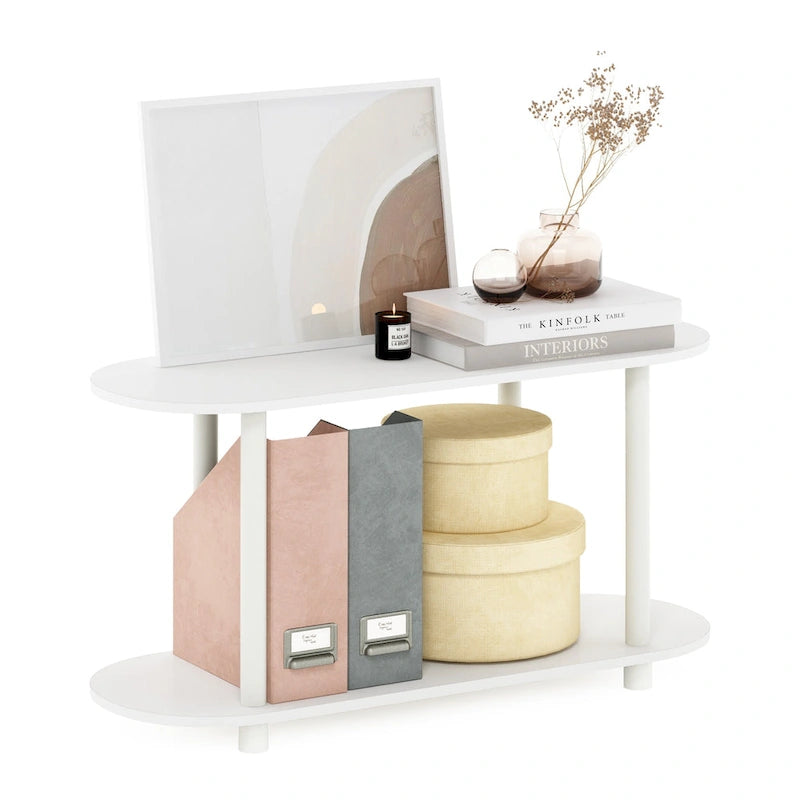 Tavolino ovale White/Bauhaus Oak con ripiano inferiore, 1 persona
