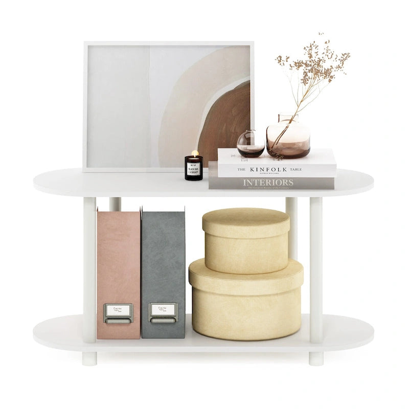 Tavolino ovale White/Bauhaus Oak con ripiano inferiore, 1 persona