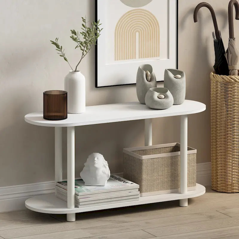 Tavolino ovale White/Bauhaus Oak con ripiano inferiore, 1 persona
