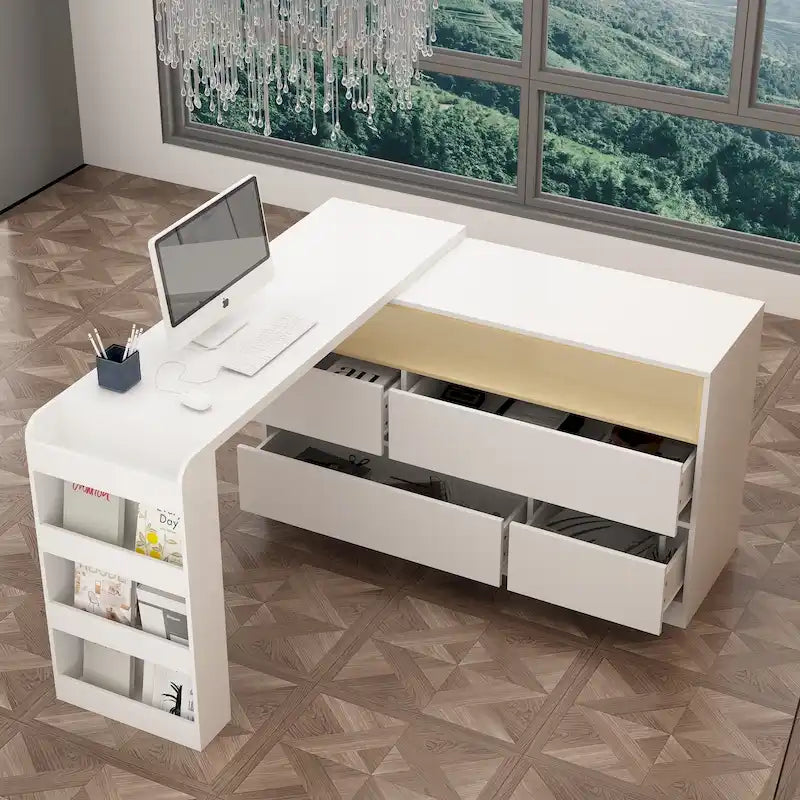 Scrivania cassettiera a 4 cassetti con piano a L mobile e ripiani aperti