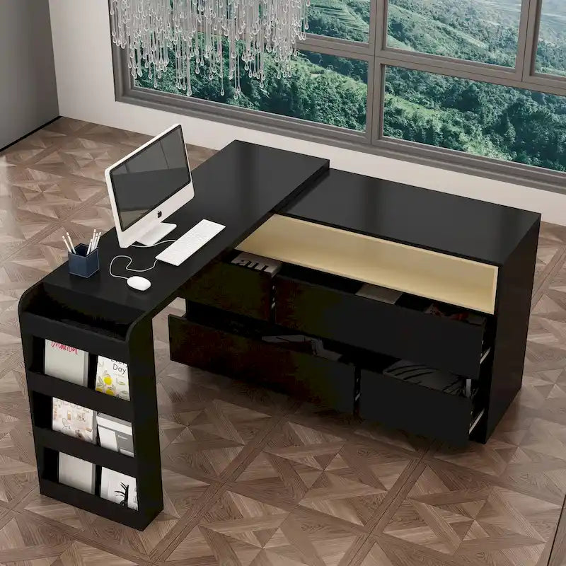 Scrivania cassettiera a 4 cassetti con piano a L mobile e ripiani aperti
