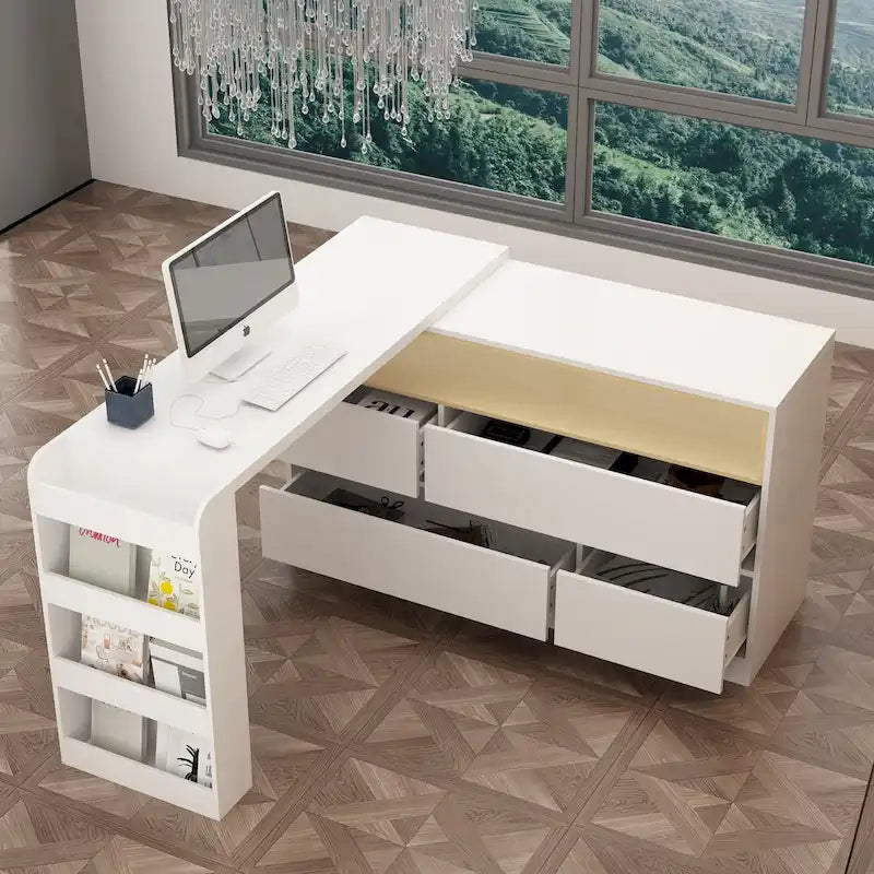 Scrivania cassettiera a 4 cassetti con piano a L mobile e ripiani aperti