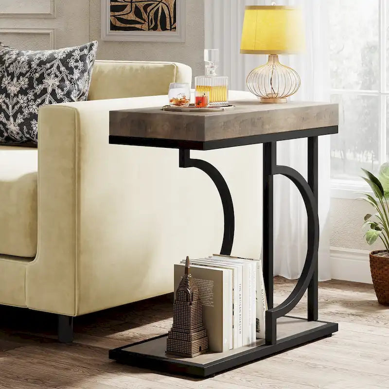 Tavolino C-Shaped Bianco e Oro, Struttura Semicircolare, Tavolino d'Appoggio per Una Persona