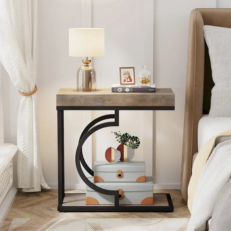 Tavolino C-Shaped Bianco e Oro, Struttura Semicircolare, Tavolino d'Appoggio per Una Persona
