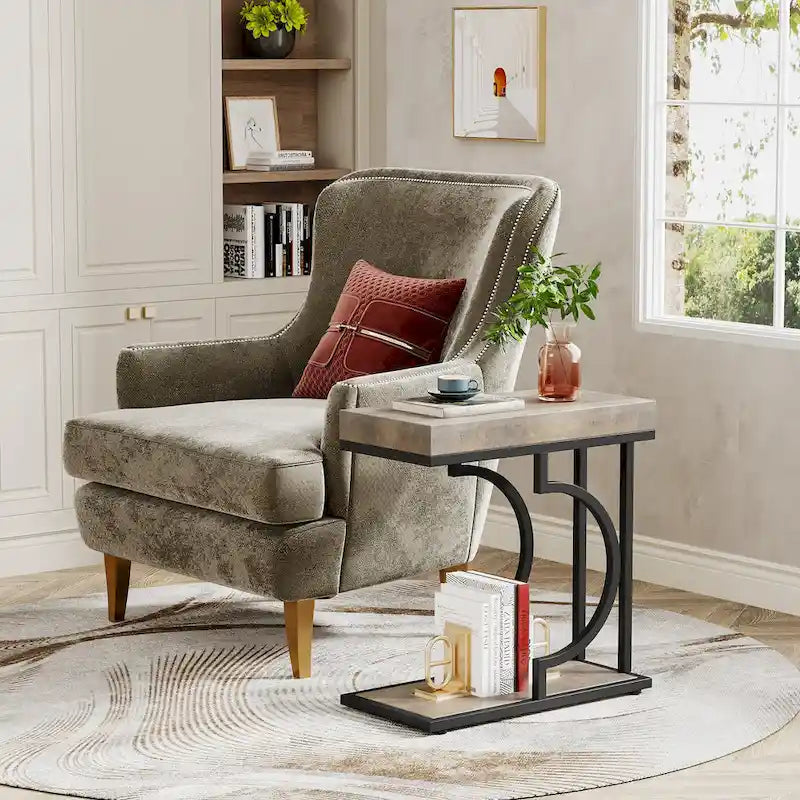 Tavolino C-Shaped Bianco e Oro, Struttura Semicircolare, Tavolino d'Appoggio per Una Persona
