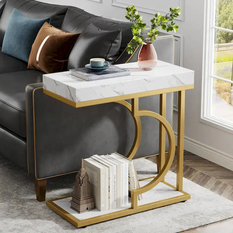 Tavolino C-Shaped Bianco e Oro, Struttura Semicircolare, Tavolino d'Appoggio per Una Persona