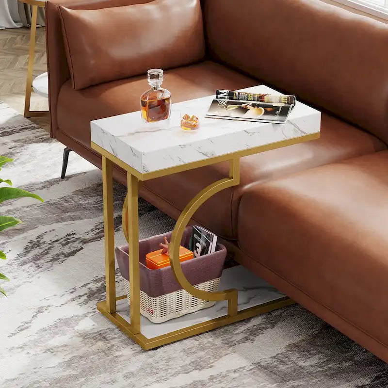 Tavolino C-Shaped Bianco e Oro, Struttura Semicircolare, Tavolino d'Appoggio per Una Persona