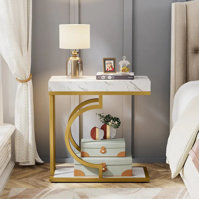 Tavolino C-Shaped Bianco e Oro, Struttura Semicircolare, Tavolino d'Appoggio per Una Persona
