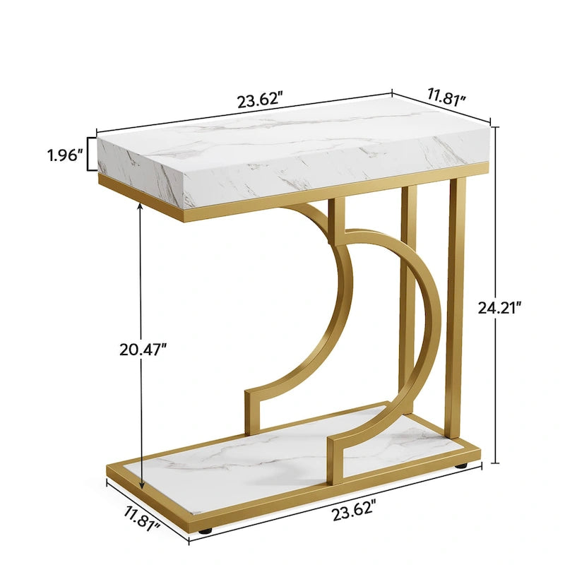 Tavolino C-Shaped Bianco e Oro, Struttura Semicircolare, Tavolino d'Appoggio per Una Persona