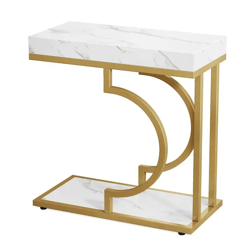 Tavolino C-Shaped Bianco e Oro, Struttura Semicircolare, Tavolino d'Appoggio per Una Persona