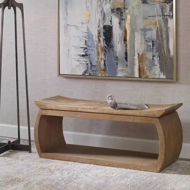 Panca in legno di olmo riciclato naturale, 1 posto, 42W x 17H x 14D
