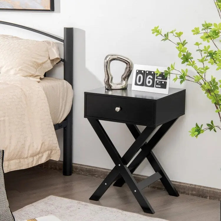 Comodino Nero / Bianco con base a X e cassetto, per 1 persona