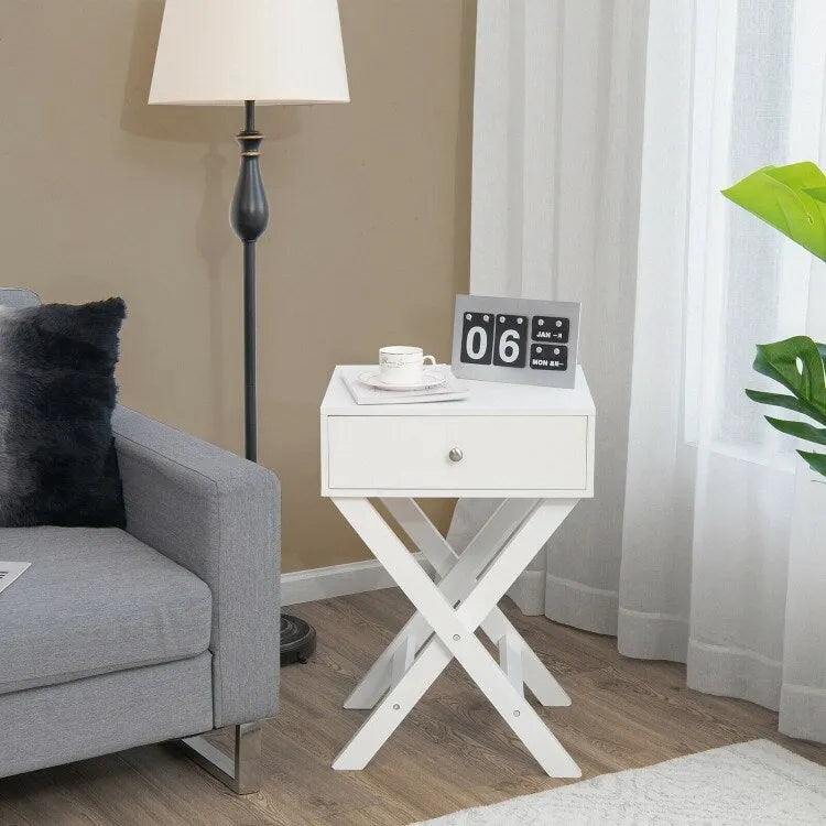 Comodino Nero / Bianco con base a X e cassetto, per 1 persona