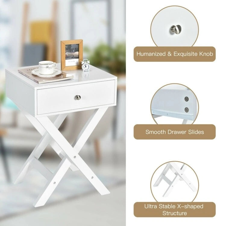 Comodino Nero / Bianco con base a X e cassetto, per 1 persona