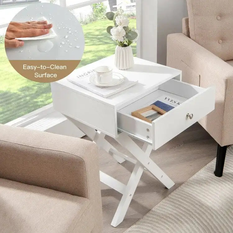 Comodino Nero / Bianco con base a X e cassetto, per 1 persona