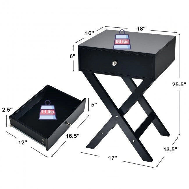Comodino Nero / Bianco con base a X e cassetto, per 1 persona